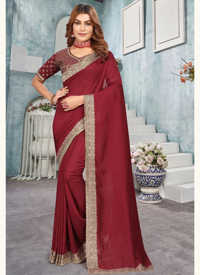 Vichitra Blooming Maroon Festival Wear Embroidery Work Saree